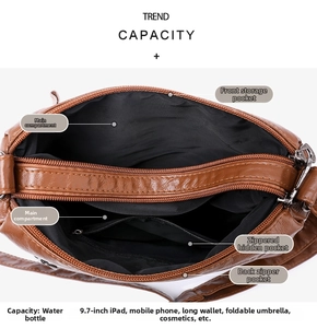 Internal view of brown leather bag showing multiple compartments and high capacity storage
