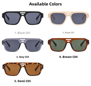 Flat lay of five fashion sunglasses in black, beige, grey, brown, and demi frames