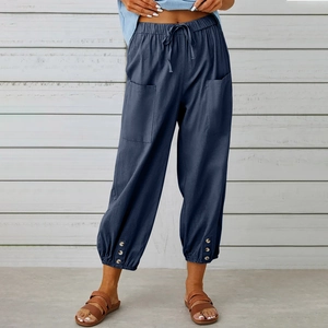 Pantaloni a gamba larga in cotone e lino blu marino con bottoni e coulisse in vita alta