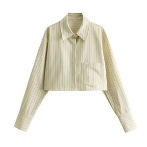 Striped Long Sleeve Cropped Shirt Polyester Lapel Collar Single Breasted Button Down Elegant Blouse Top Spring