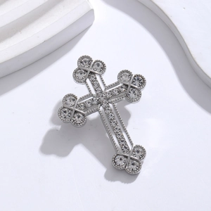Sparkling silver cross brooch with rhinestones for suits and shirts decoration