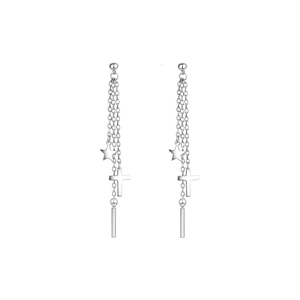 Silver star and cross tassel earrings with dangling chains in minimalist punk style