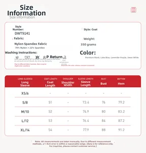 Detailed size chart for women's yoga jacket with nylon and spandex fabric parameters