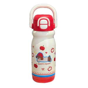 Cute puppy insulated water bottle for kids with dual drinking straw and carrying handle