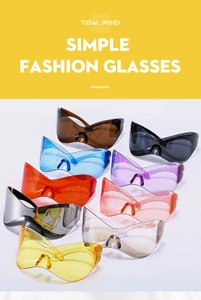 Detail showing colorful Y2K futuristic punk sports sunglasses with large shield frames
