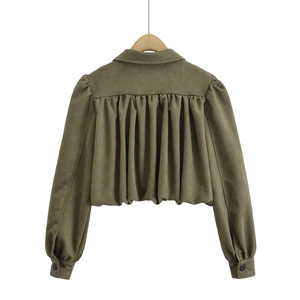 Short olive green suede jacket with lapel collar and pleated back hem detail