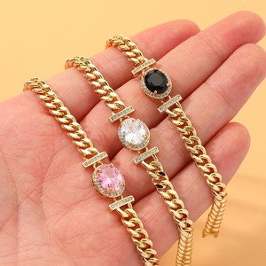 Women Luxury Cuban Chain Bracelet Copper Gold Plated Oval Zircon Gemstone Hip Hop Fashion Jewelry For Gift