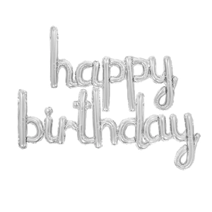Detail of silver foil balloons forming Happy Birthday letters with metallic finish