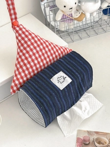 Hanging house-shaped tissue holder in red plaid and blue stripes for home and car