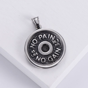 Silver barbell weight plate pendant with No Pain No Gain engraving for men's hip hop style