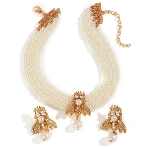 Elegant multi-layer pearl necklace and bee earring set with gold accents for women