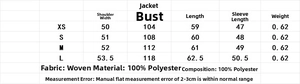 Size chart showing XS to L measurements for this loose suede texture jacket