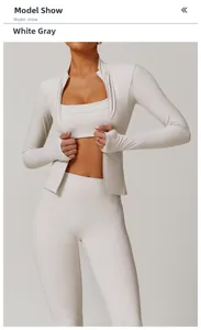 Three-piece athletic set with white-gray zip jacket, sports bra, and high-waist leggings