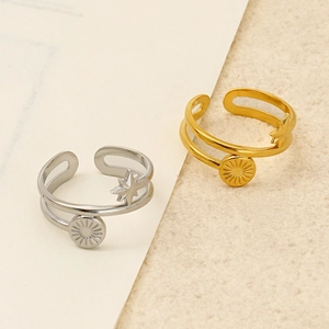 Dual layer adjustable titanium steel rings with star and sunburst motifs in gold and silver