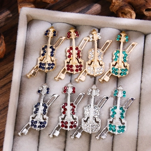 Violin Shape Brooch Pin With Rhinestones Gold Silver Plated Alloy Musical Instrument Lapel Pin For Women Men Banquet Jewelry