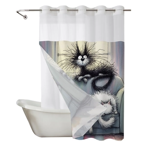 Waterproof white shower curtain with funny cartoon black and white cat prints for bathroom