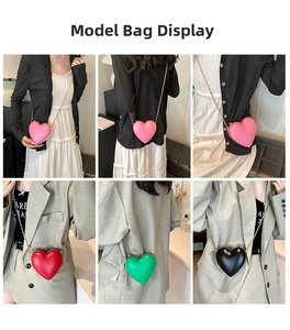 Collage of fashion heart-shaped crossbody bags in four colors with gold chain straps