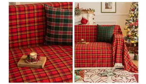 Detail view of Red and green plaid Christmas sofa throw with white tassel decorative edges