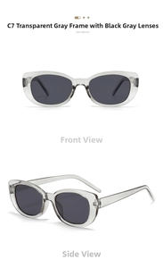 Front and 45-degree side view of vintage transparent grey cat-eye sunglasses