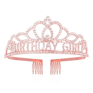 Detail view of rose gold Birthday Girl tiara with sparkling rhinestones and hair combs