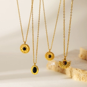 French Vintage Sunflower Natural Stone Pendant Necklace For Women Gold Plated Stainless Steel O-Chain Fashion Jewelry Clavicle Chain