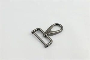 Detail of dark grey gunmetal swivel lobster clasp with D-ring for bags and straps