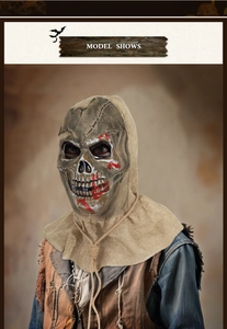 Detailed view of scary Halloween scarecrow mask with realistic skull and blood splatter