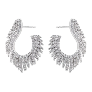 Bohemian feather-shaped stud earrings with sparkling cubic zirconia on white background