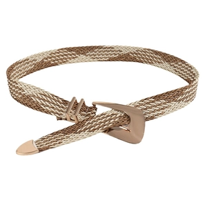 Summer woven belt for women with tri-color pattern and irregular gold buckle