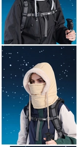 Detail of winter warm integrated hood with thick plush lining and windproof shell