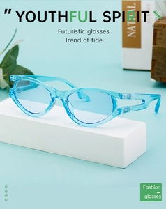 Detail of light blue cat-eye sunglasses featuring unique hollowed-out side temple design