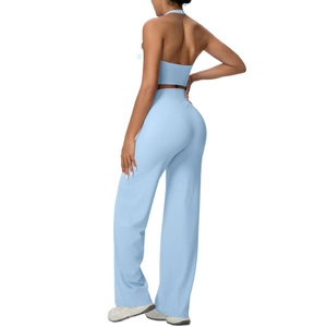 Light blue halter top and wide-leg yoga pants set for fitness and casual wear