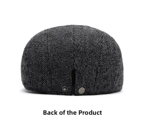 Detailed back view of herringbone wool flat cap showing the metal adjustment buckle