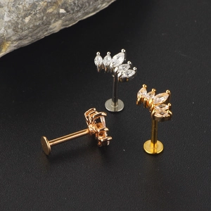 Marquise zircon stainless steel labret piercing stud in gold, silver and rose gold finishes