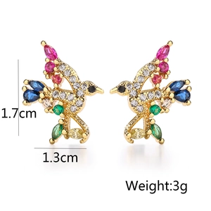 Detailed view of colorful zircon hummingbird stud earrings with 1.7cm height measurements