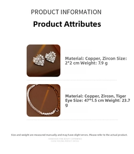 Detailed size and material specs for heart zircon earrings and tiger eye necklace set