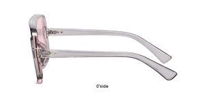 Side view of trendy aviator sunglasses featuring transparent gray frames and pink lenses