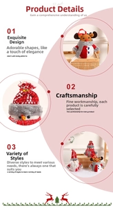 Detail of knitted Christmas characters including Santa, snowman and elk hanging decorations