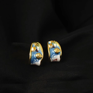 Artistic vintage C-shape light blue enamel earrings with starfish and pearls details