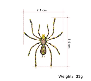 Detailed view of giant spider brooch dimensions showing 8.9cm height and 7.1cm width
