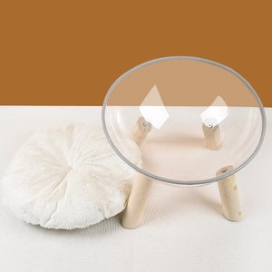 Transparent acrylic cat space capsule bed with wooden legs and plush cushion pad
