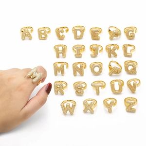 Gold plated open rings with 26 English letters A-Z featuring sparkling zircon paving