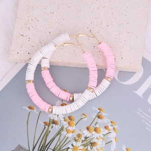Bohemian large hoop earrings with pink and white polymer clay beads and gold accents