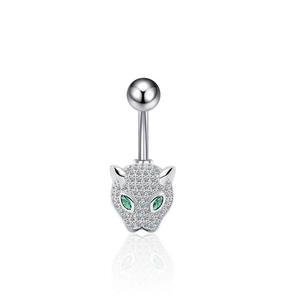 Silver leopard head belly button ring with green eyes and white zircon inlay on white base