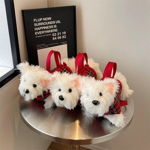 Cute white plush puppy crossbody bag with red checkered outfit and woven straps