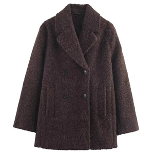 Women's dark brown boucle textured double-breasted mid-length coat on white background