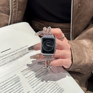 Minimalist rectangular black dial quartz watch with silver bead bracelet chain strap