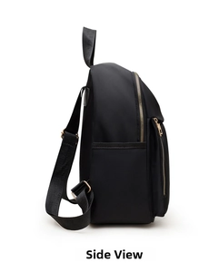 Side view showing durable black nylon fabric and premium gold metal zippers of the backpack