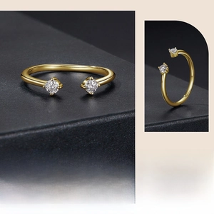 Detailed view of gold S925 sterling silver adjustable ring with cubic zirconia stones
