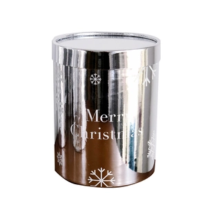 Boîte de Noël cylindrique argentée avec motifs de flocons blancs et texte Merry Christmas